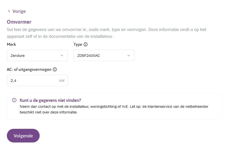 Stap 3: Energieleveren.nl - Merk, model en uitgangsvermogen omvormer / thuisbatterij