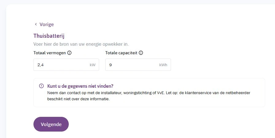 Stap 4: Energieleveren.nl - Vermogen en capaciteit thuisbatterij