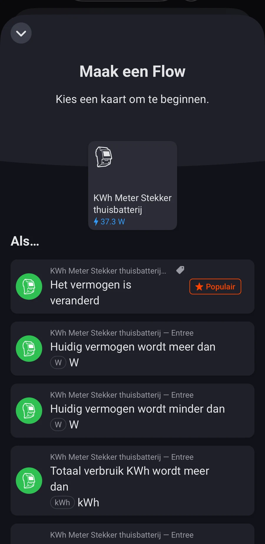 Homey-flowkaarten van de HomeWizard kWh Meter, met triggers op vermogen en tellerstand