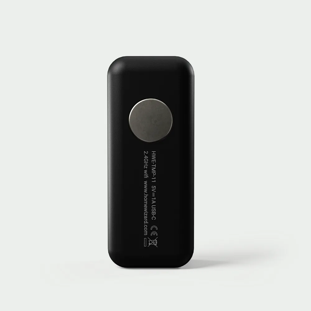 Achterkant van de Temperature Humidity Meter met magneetplaat en USB-C-poort
