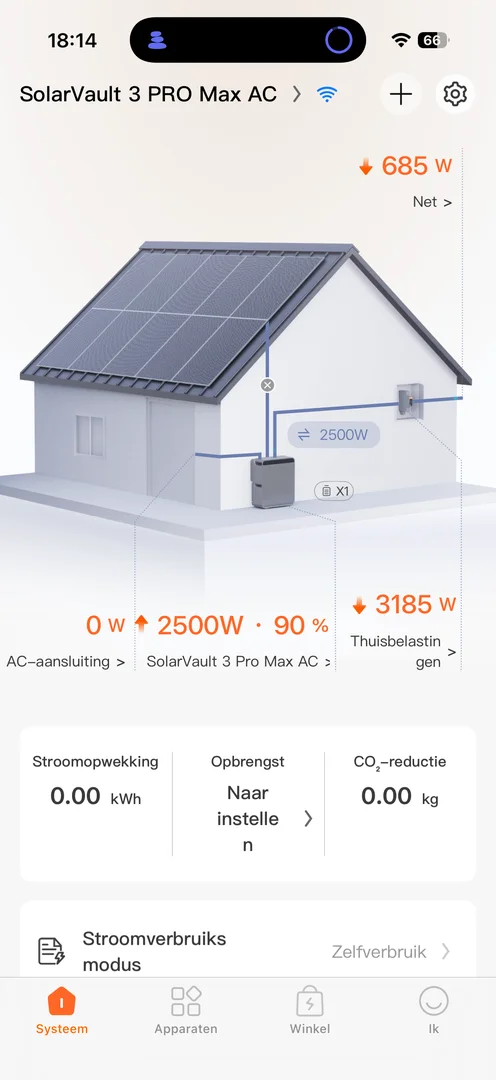Jackery-app: maximaal ontlaadvermogen 2.500 W bij hoge stroomvraag van 3.185 W