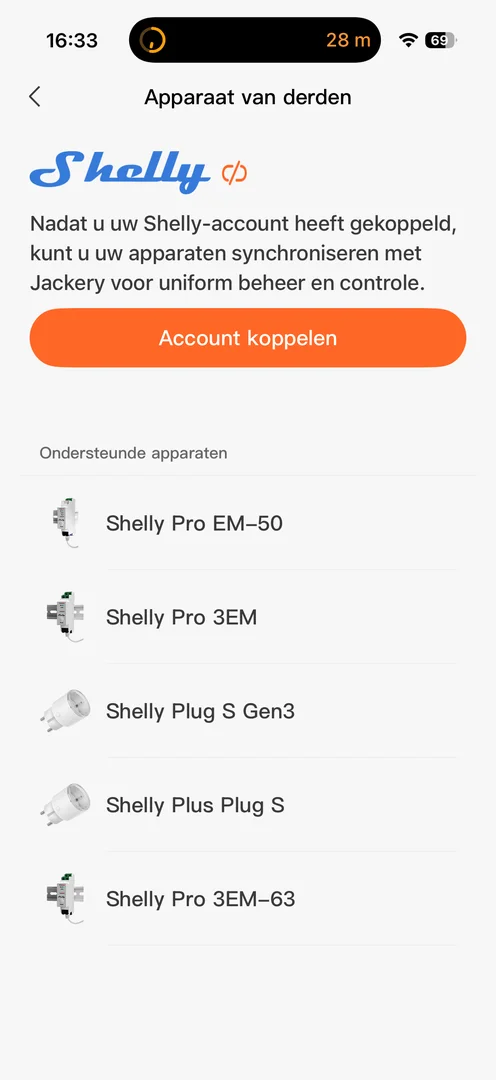 Jackery-app: Shelly-integratie via Apparaat van derden met ondersteunde Shelly-apparaten